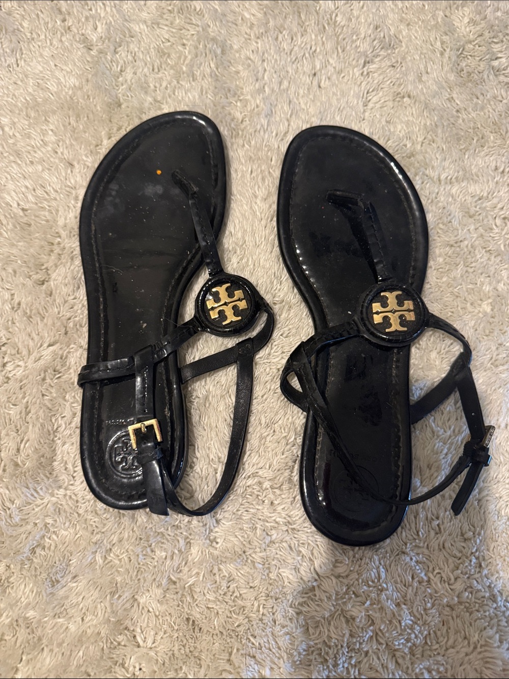 Tory Burch Black Patent Leather Logo Thong Sandals with Gold Medallions